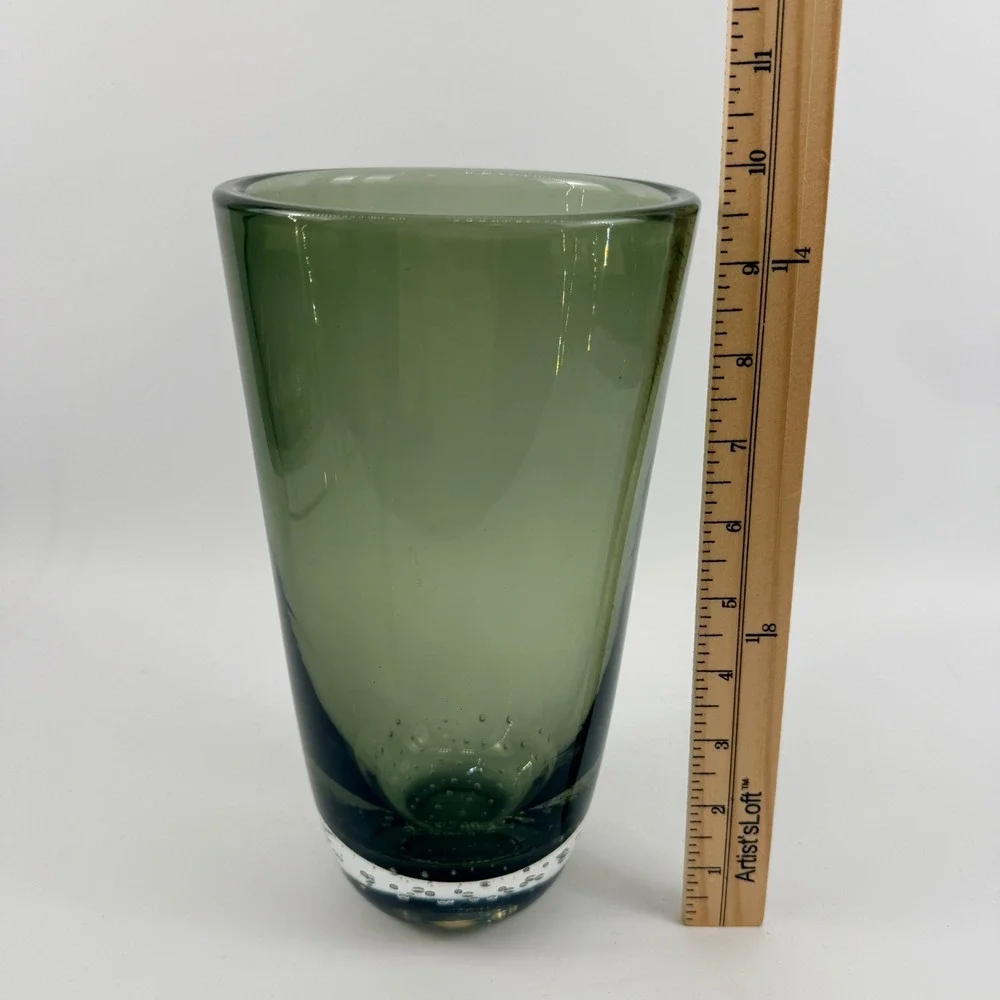 Attributed Carl Erickson Studio Art Glass Olive Green Bubble Cylinder Vase